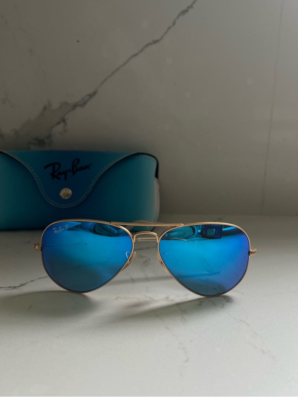 Ray-Ban Gold Frame Aviator Sunglasses with Blue Lenses